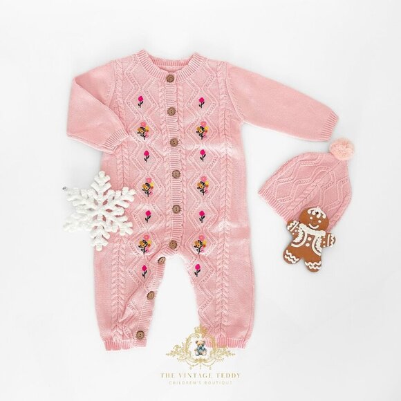 Other - NWT Pretty Girls Knit One-piece Bodysuit Sweater Floral Embroidered Blush 0-3M